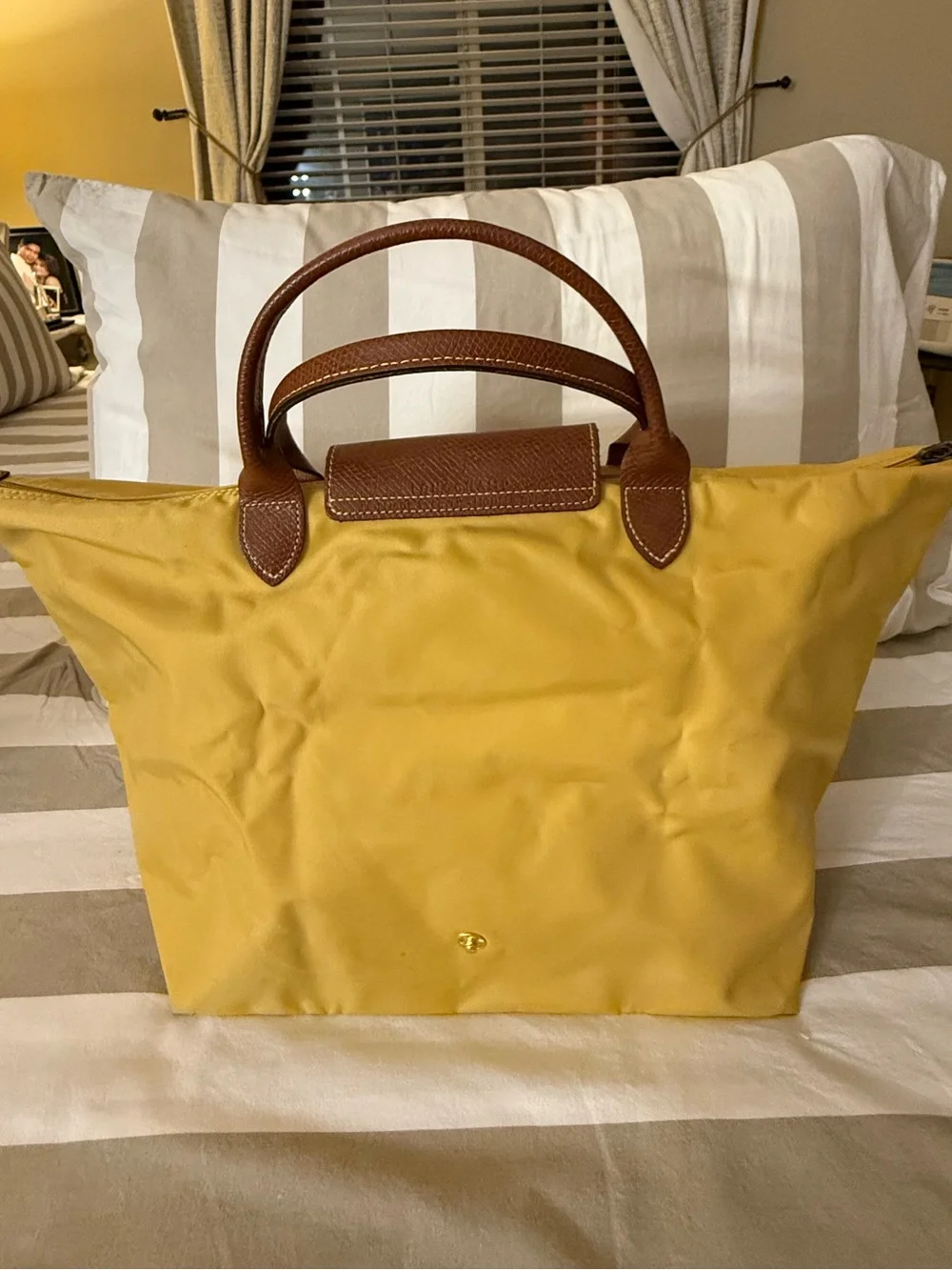 Longchamp Nylon Tote in Mustard Yellow with Brown Leather Trim
